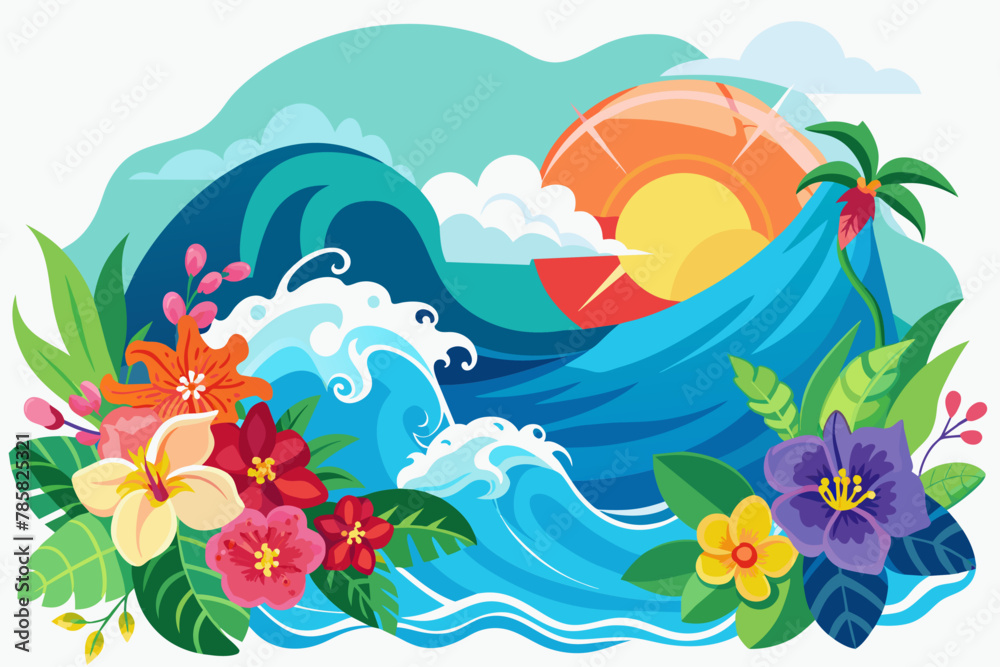 Ocean charming with flowers on a white background