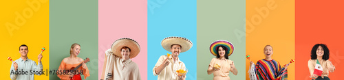 Collage of young Mexican people on color background