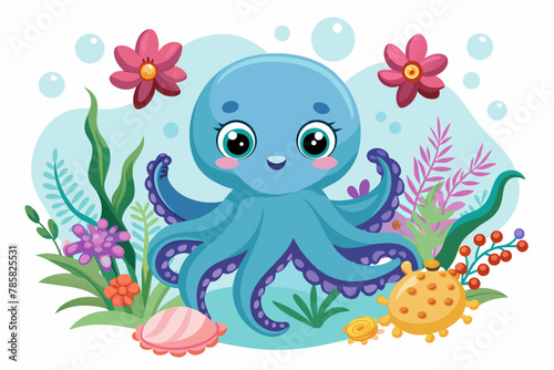 Charming octopus cartoon animal adorned with flowers