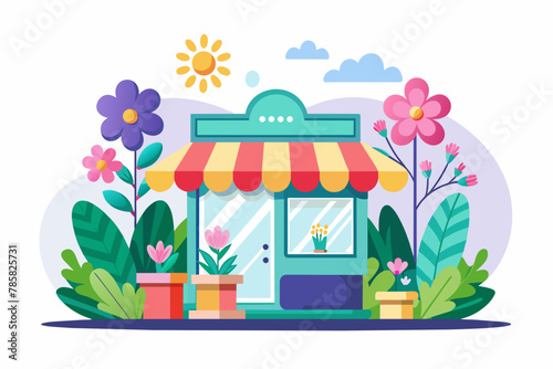 Charming online shop cartoon adorned with flowers on a white background.