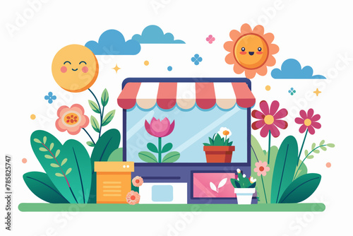 Online shop cartoon charming with flowers on a white background. photo