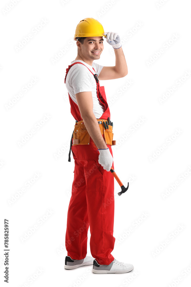Young carpenter with hammer on white background Young carpenter with hammer on white background