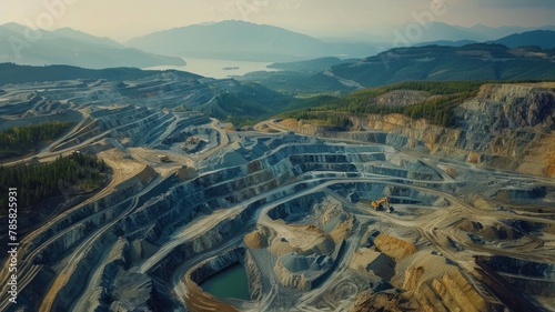 Aerial view of a vast mining operation - An expansive open pit mine with layers of excavated earth showcasing the industrial scale of mining operations