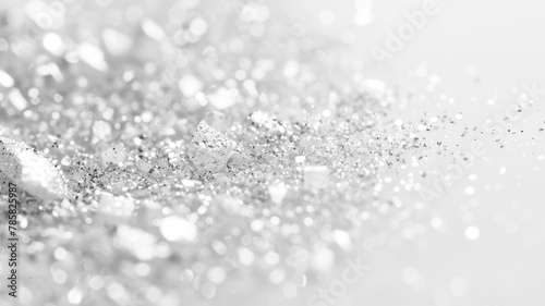 Detailed silver glitter shining on white surface - An up-close view of glistening silver glitter scattered over a white surface highlighting reflections and glittery texture