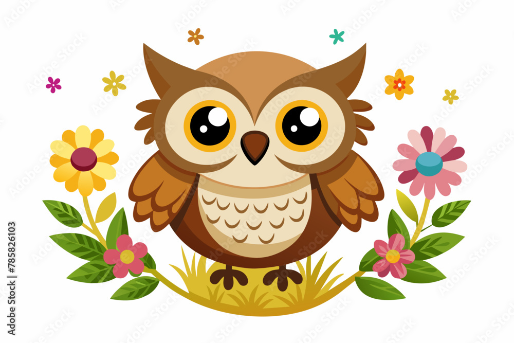 Charming cartoon owl perched on a branch adorned with vibrant flowers. Charming cartoon owl perched on a branch adorned with vibrant flowers.