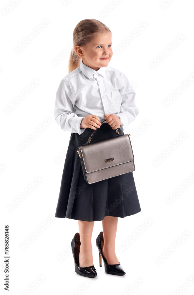 Funny little businesswoman in heels with bag on white background Funny little businesswoman in heels with bag on white background