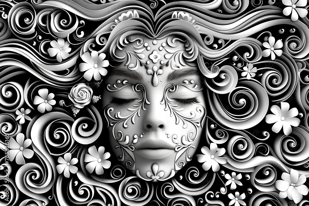 Monochrome art of a womans face with floral swirls in black and white
