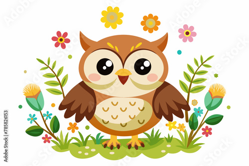 Charming cartoon owl adorned with delicate flowers against a pristine white background.
