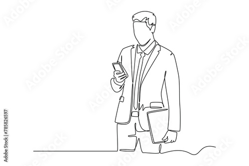 Continuous one line drawing People holding, using mobile phones concept. Doodle vector illustration.