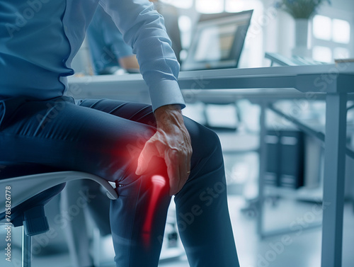 Businessman Experiencing Knee Pain at Work, Health Concept