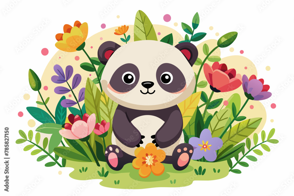 A charming cartoon panda smiles amidst a vibrant bouquet of flowers.