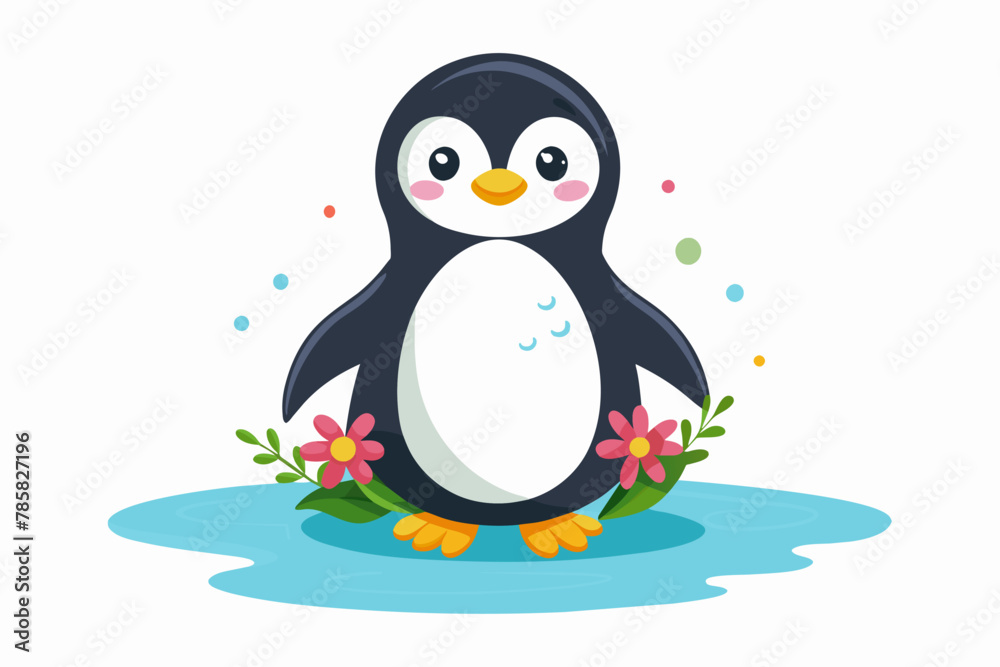Obraz premium A charming penguin wears a crown of colorful flowers, standing proudly against a white background.
