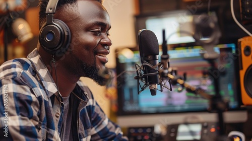 A smiling radio presenter wearing headphones reads the news into a studio microphone at a radio station. Generative AI photo