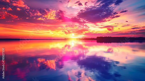 An image of a vibrant sunset over a serene lake, with colorful reflections shimmering on the water photo