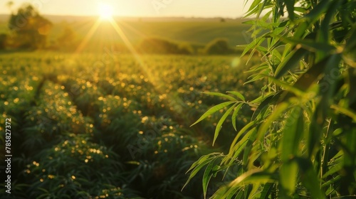 Sunlight filters through the branches and leaves of a biofuel crop highlighting the vibrant green color and emphasizing the natural energy being harnessed. The surrounding landscape .