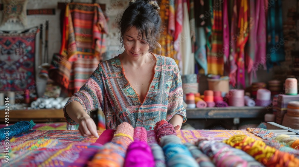 Vibrant Textile Studio: Artist Weaving Bright Patterns on Traditional Loom