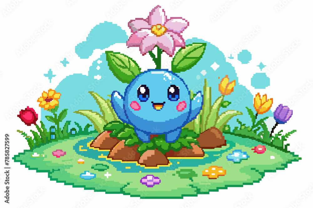 Naklejka premium Charming pixelated cartoon flowers bloom on a pristine white backdrop.