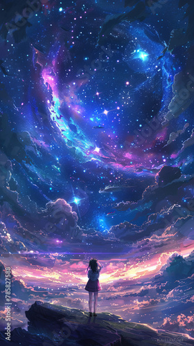A girl standing on a cliff looking up at a beautiful starry night sky.