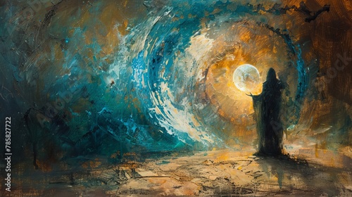 Psychic Waves: Abstract Painting of Crystal Ball and Shadowy Figure