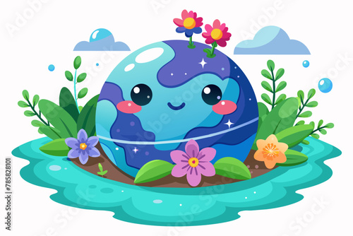 Charming cartoon planet adorned with vibrant flowers on a pristine white background.