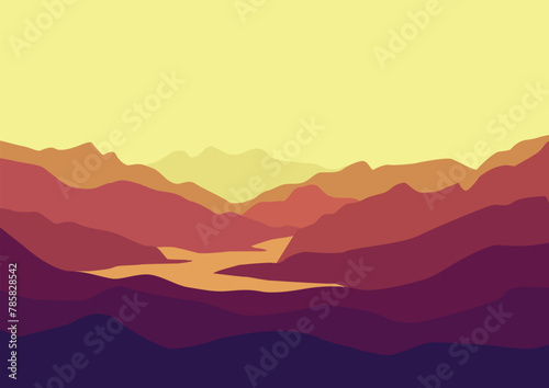 Landscape with mountains and river. Vector illustration in flat style.