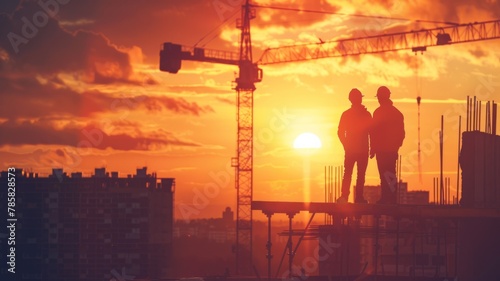 Wallpaper Mural Silhouetted workers on construction site at sunset - Workers are silhouetted against a vibrant sunset on a building construction site with cranes and developing structures Torontodigital.ca