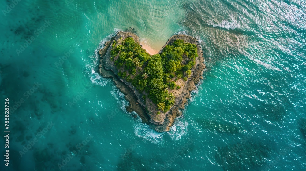 Aerial perspective of a single heartshaped island, high contrast colors, minimalist ocean waves