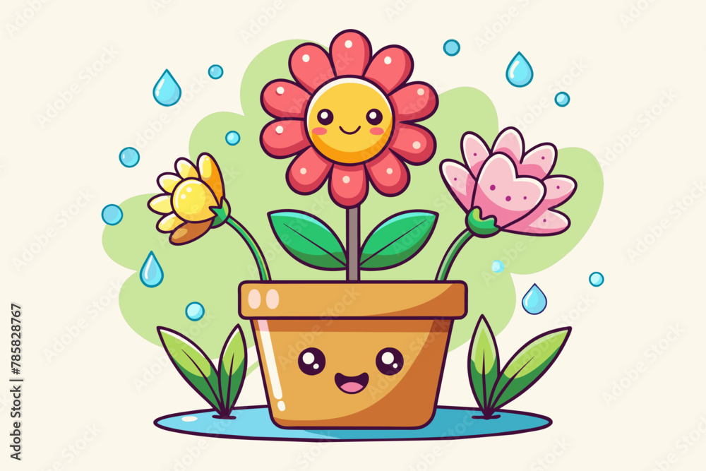 Charming cartoon flowerpot adorned with vibrant blossoms.