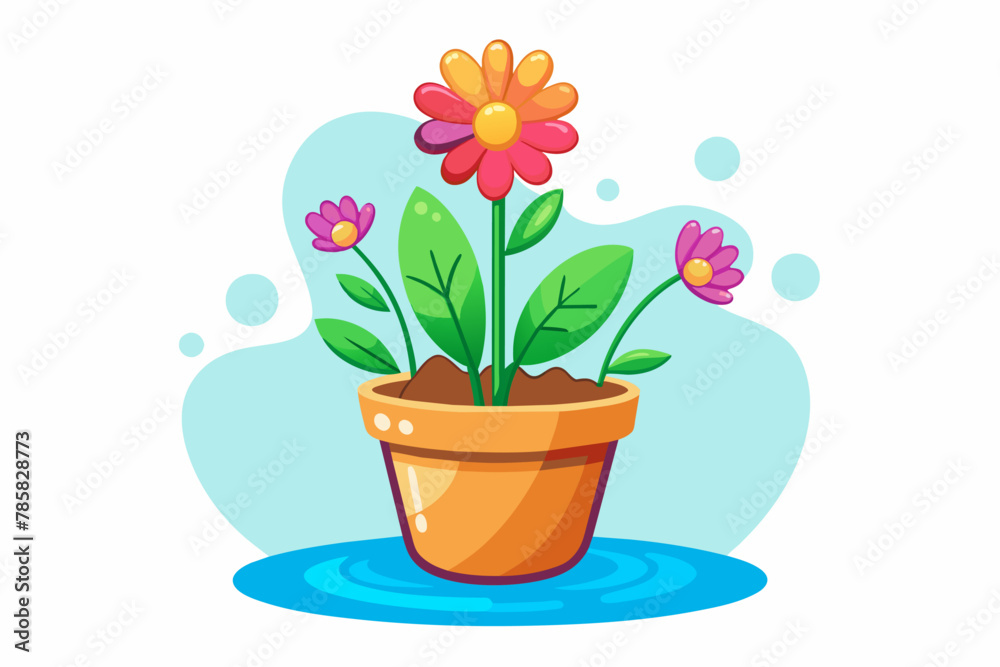 Pot flower cartoon charming with flowers on a white background.