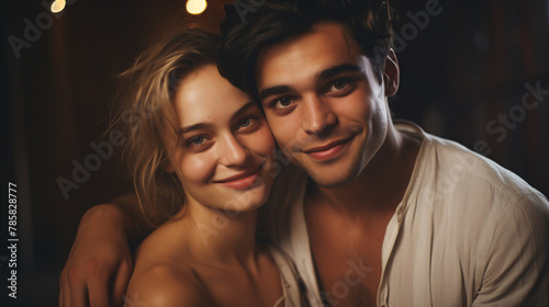 Portrait of a young couple in love embracing and looking at camera