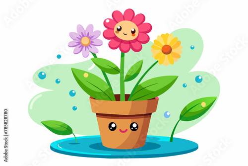 Charming cartoon pot flower with colorful blooms on a white background.