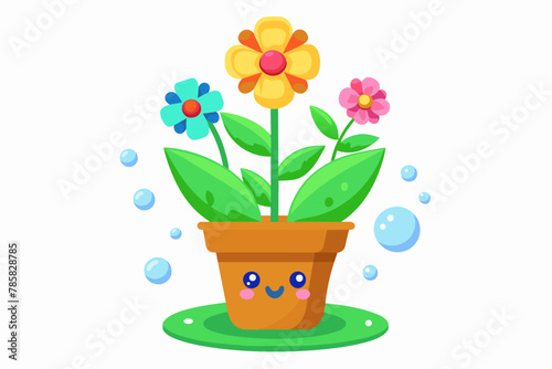 Charming cartoon pot flower with colorful blooms adorns a white background.