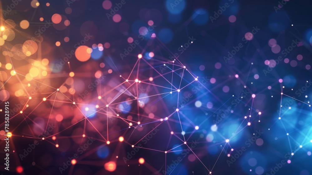 Fototapeta premium Abstract colorful network of connecting lines and dots - This image illustrates a complex network of interconnected lines and dots with vibrant colors radiating an idea of digital connectivity