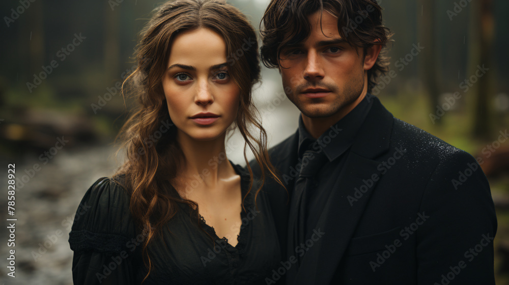 Portrait of a beautiful young couple in the autumn forest. Fashion shot. Waterfall in scene