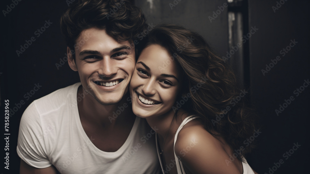 Beautiful young couple is hugging and smiling while looking at the camera
