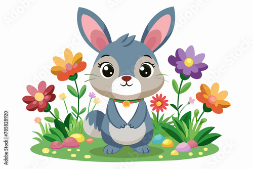 Charming rabbit cartoon adorned with vibrant flowers against a pristine white background