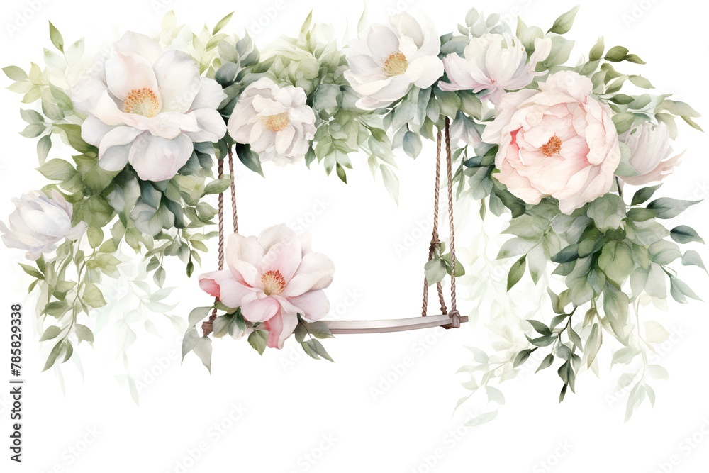 Watercolor floral wreath with peony flowers, green leaves, branches.