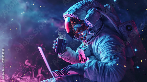 Fantasy concept, lonely astronaut using laptop to work outer space with a cup of hot coffee in hand