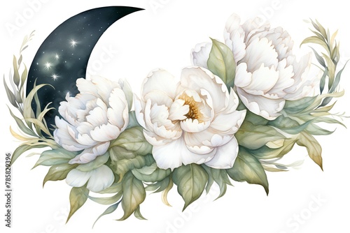 Beautiful vector image with nice watercolor moon and peony flowers