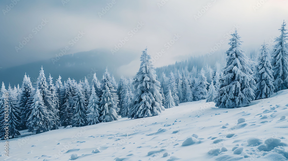 Impressive winter morning in the Carpathian mountains with snow covered fir trees. Colorful outdoor scene, Happy New Year celebration concept.