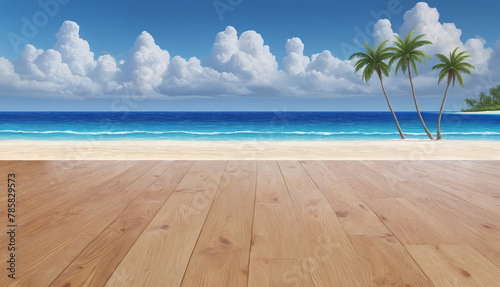 A beautiful beach scene with a wooden floor and a view of the ocean. There are palm trees in the background, adding to the tropical atmosphere of the location.