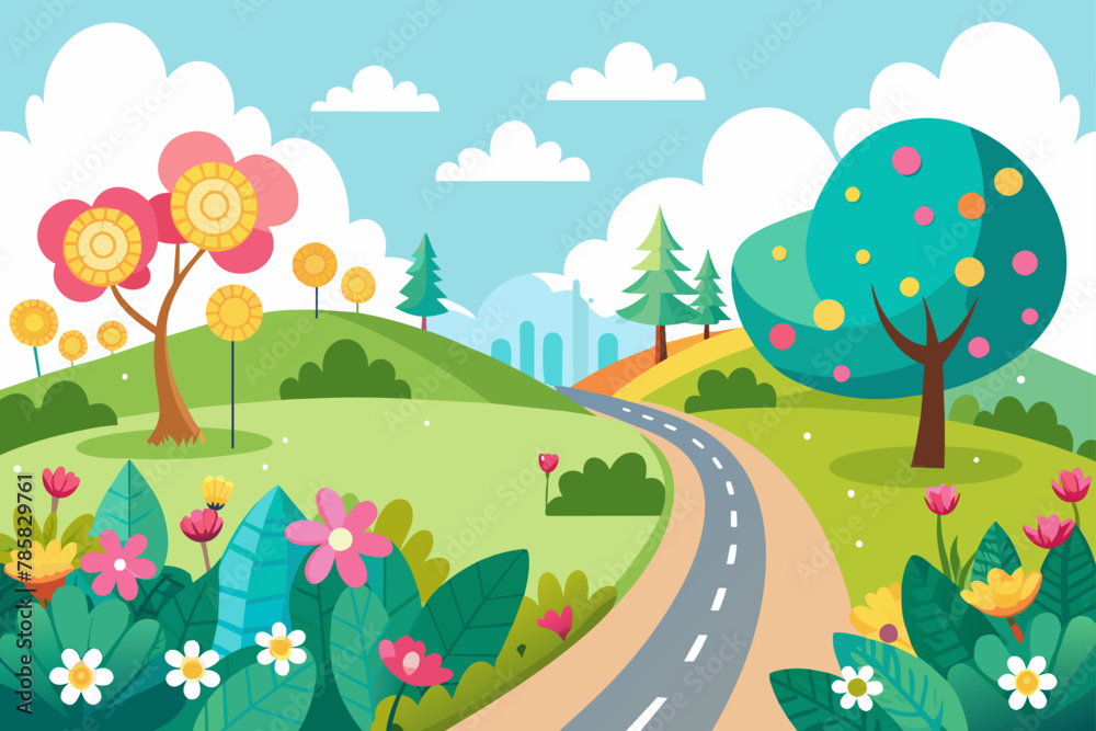 Fototapeta premium A whimsical cartoon road adorned with vibrant flowers blooms on a pristine white background.