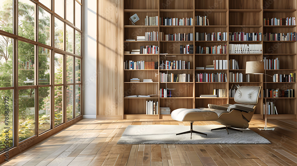 Interior of a large modern living room or home library with white and wooden walls, wooden floor, comfortable armchairs and bookshelves Interior of a large modern living room or home library with white and wooden walls, wooden floor, comfortable armchairs and bookshelves
