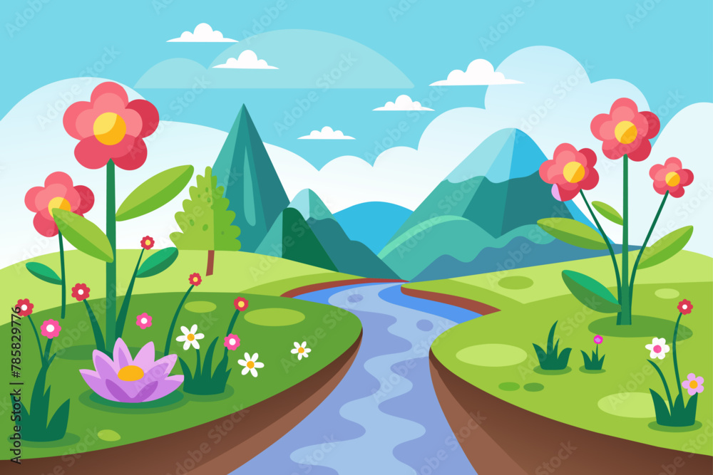 Fototapeta premium A charming cartoon road adorned with blooming flowers gracefully meanders across a pristine white background.