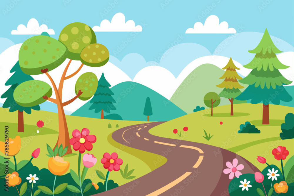 Obraz premium A charming cartoon road adorned with colorful flowers on a pure white background.