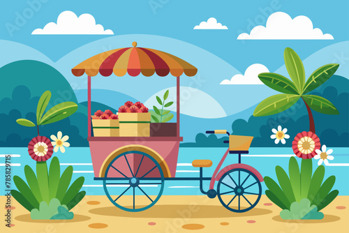 A rickshaw cartoon adorned with vibrant flowers creates a charming sight against a colorful backdrop.