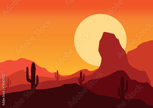 Desert landscape in America at night. Vector illustration in flat style.