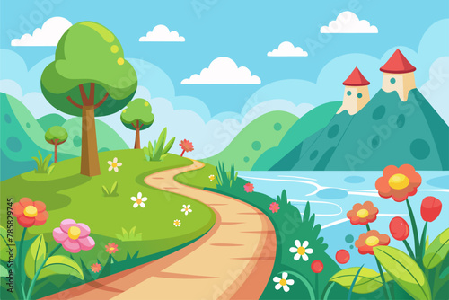 Charming cartoon road with flowers blooming on its sides on a white background.