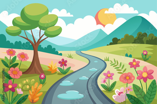A charming cartoon road adorned with vibrant flowers against a white backdrop.