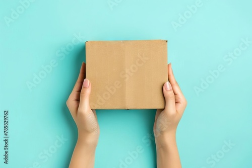 female hand holding brown cardboard box on light blue background delivery mockup © Lucija